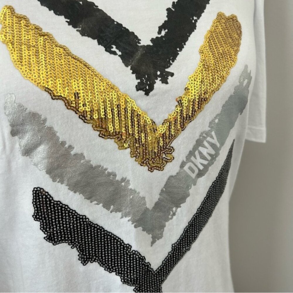 DKNY Ruched Puff Sleeve Mixed Media Logo Tshirt - Picture 3 of 6